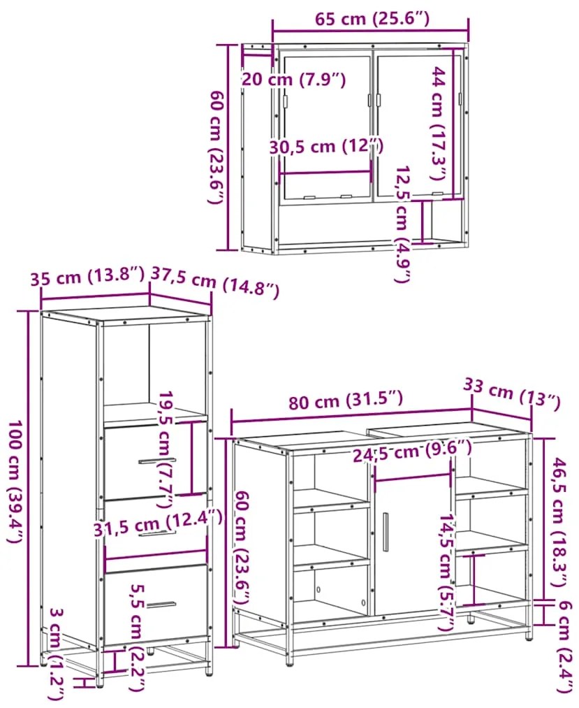 3 pcs Conjunto móveis casa de banho madeira proc. cinza sonoma
