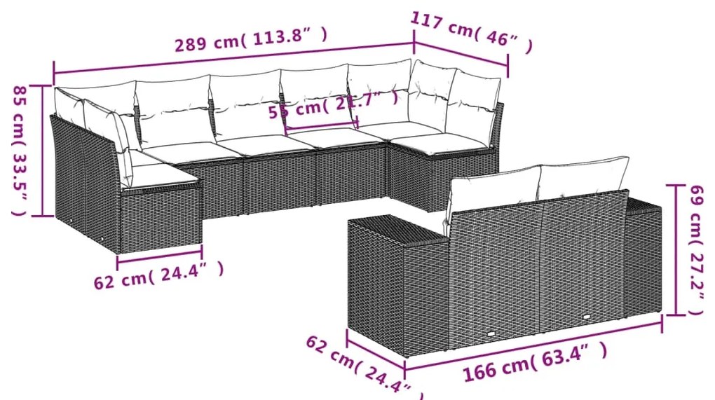 9 pcs conj. sofás jardim com almofadões vime PE cinzento-claro