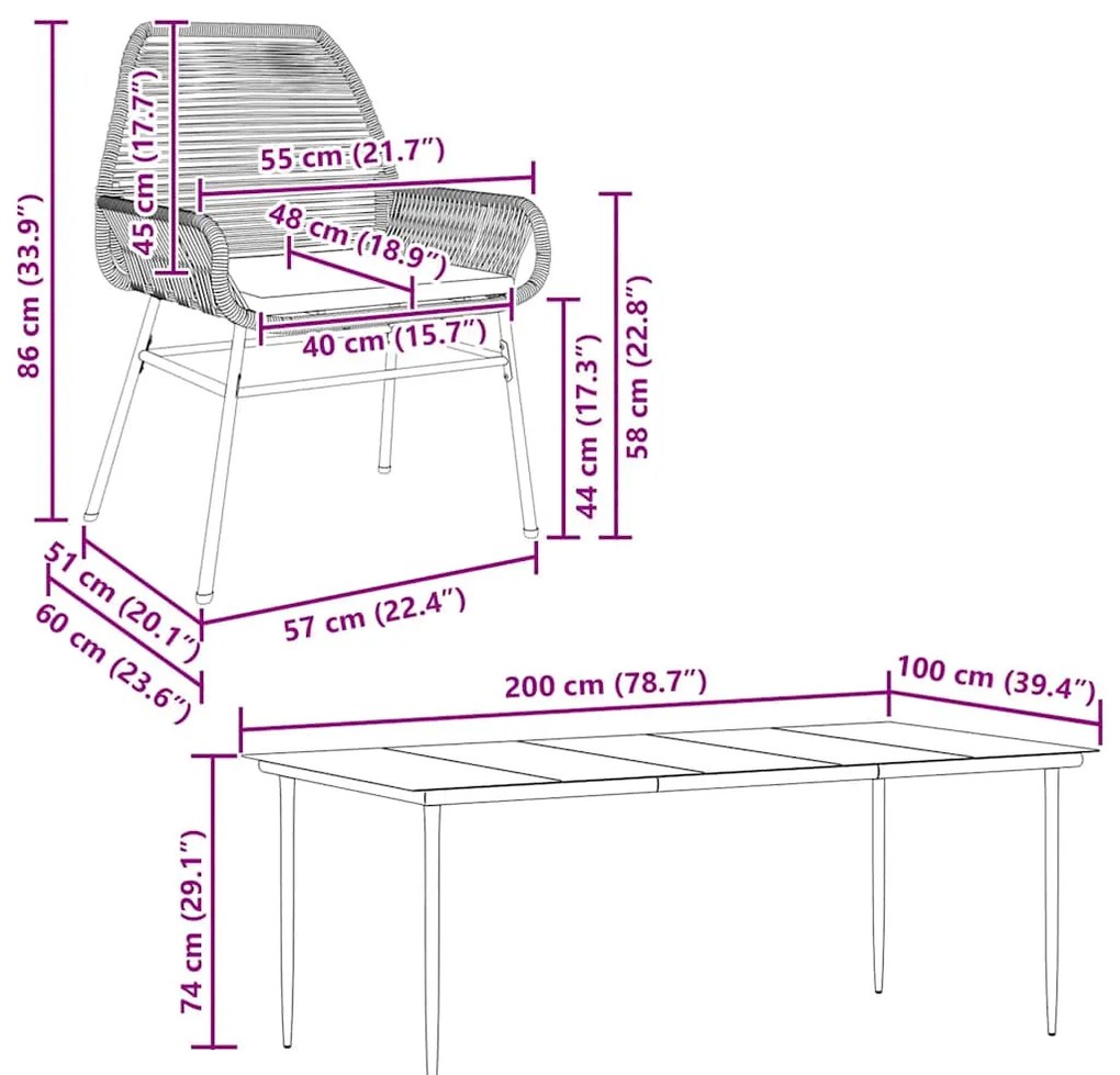 Conjunto jantar jardim 9 peças almofadas vidro vime cinzento PE