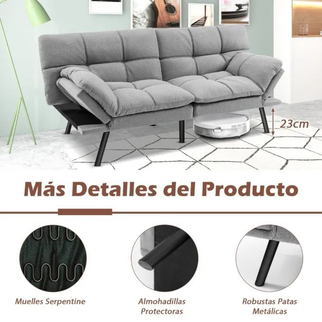 Sofá-cama conversível dobrável Futon de 3 lugares com encosto e apoios de braços ajustáveis para casa e escritório Cinzento
