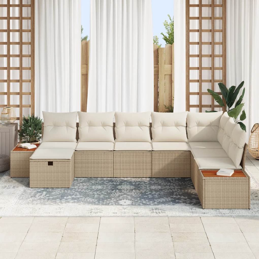 Conjunto de Sofá de Jardim com 8 Peças e Almofadas Bege de Rattan Poli