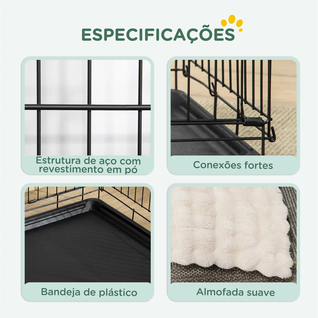 Gaiola para Cães Dobrável com Almofada com 2 Portas Alça de Transporte Bandeja Removível 60x40x50 cm Preto e Bege
