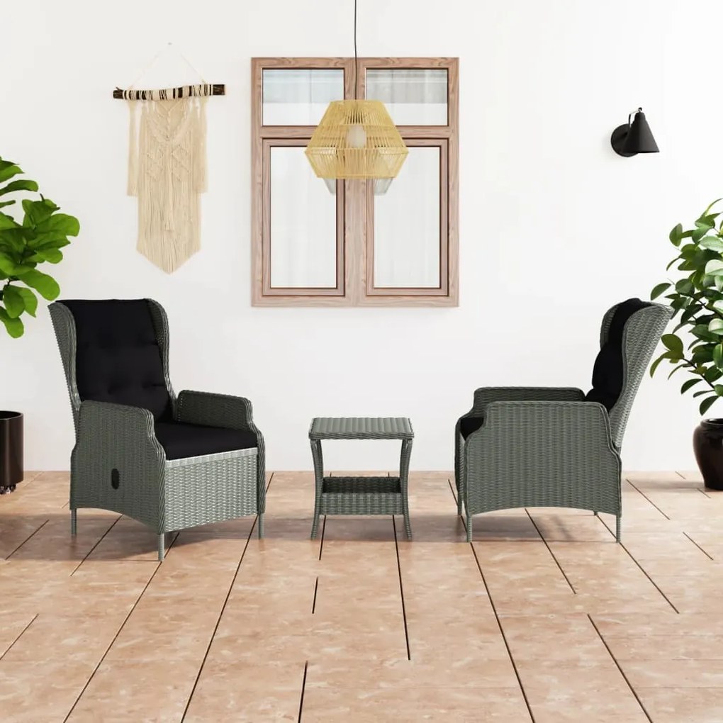 vidaXL 3 pcs conj. lounge jardim c/ almofadões vime PE cinzento-claro