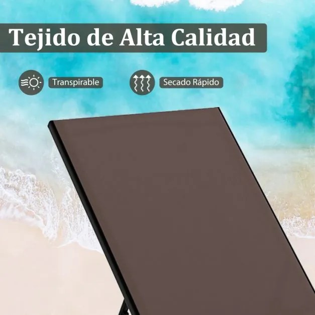Conjunto de jardim com Espreguiçadeira jardim Tecido respirável Encosto ajustável Rodas e  Mesa de vidro temperado Castanho
