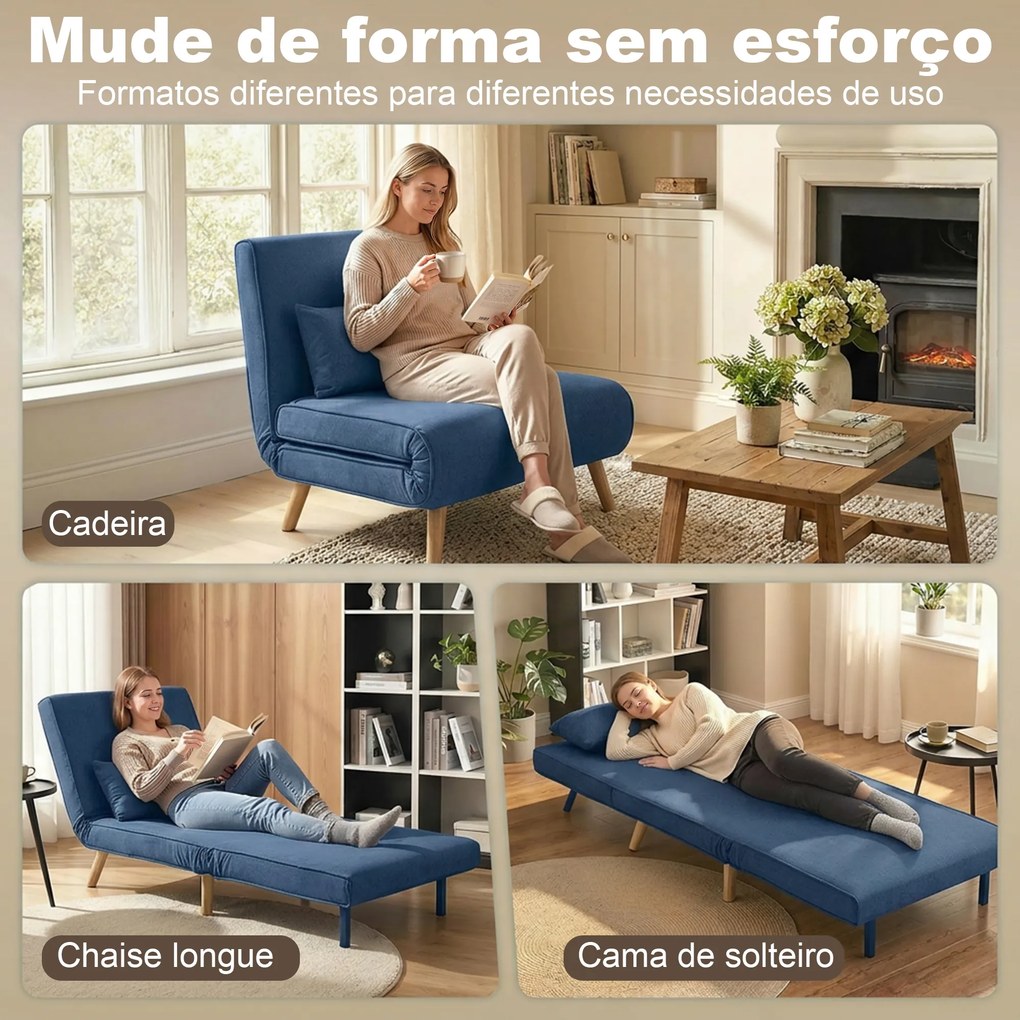 Sofá Cama Individual Estofado em Linho com Encosto Ajustável em 5 Posições e Almofada Sofá Cama Pequeno 72x75x85 cm Azul Escuro