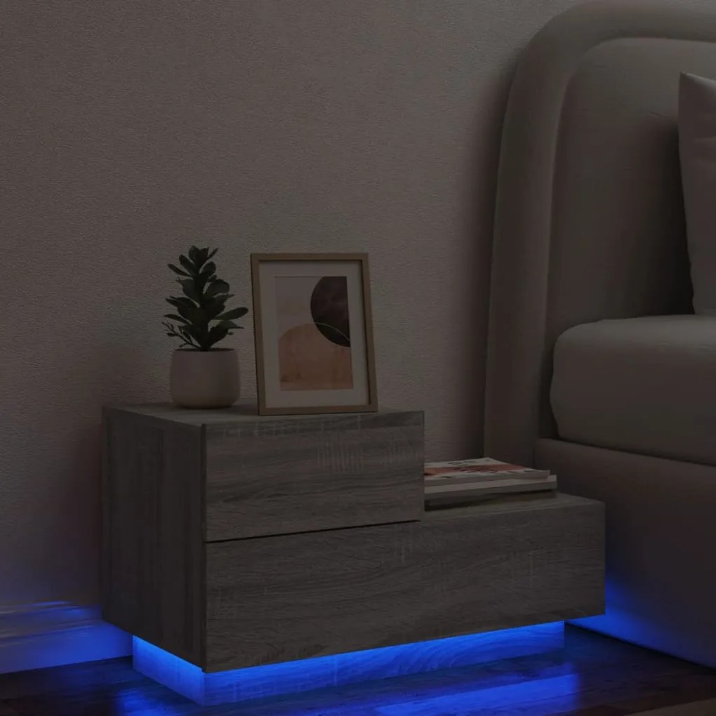 Mesa de cabeceira com luzes LED 70x36x40,5 cm cinzento-sonoma