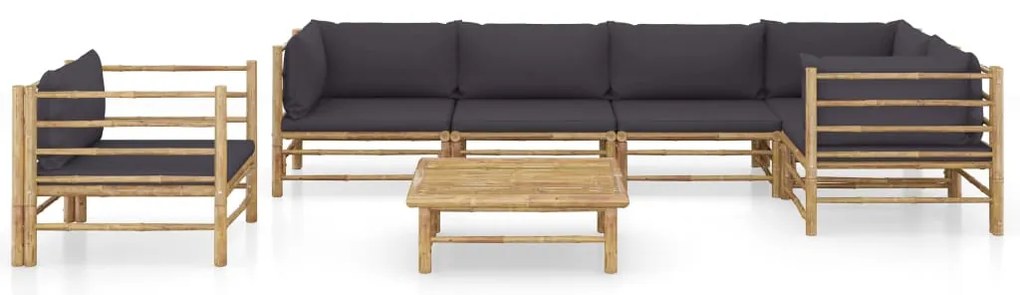 7 pcs conj. lounge jardim em bambu c/ almofadões cinza-escuro