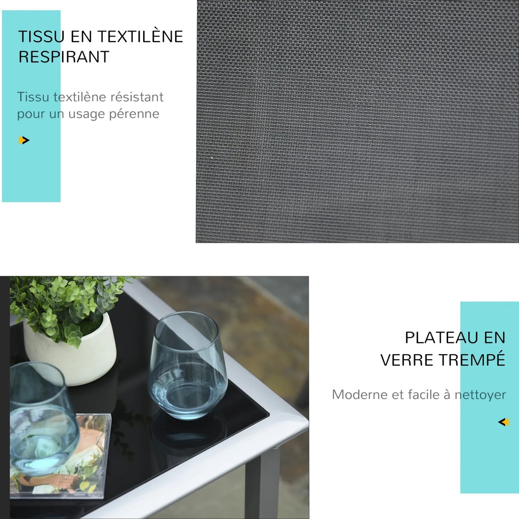 Conjunto de 2 espreguiçadeiras de design contemporâneo com mesa de centro com tampo em vidro temperado, metal com revestimento epóxi e textilene cinze