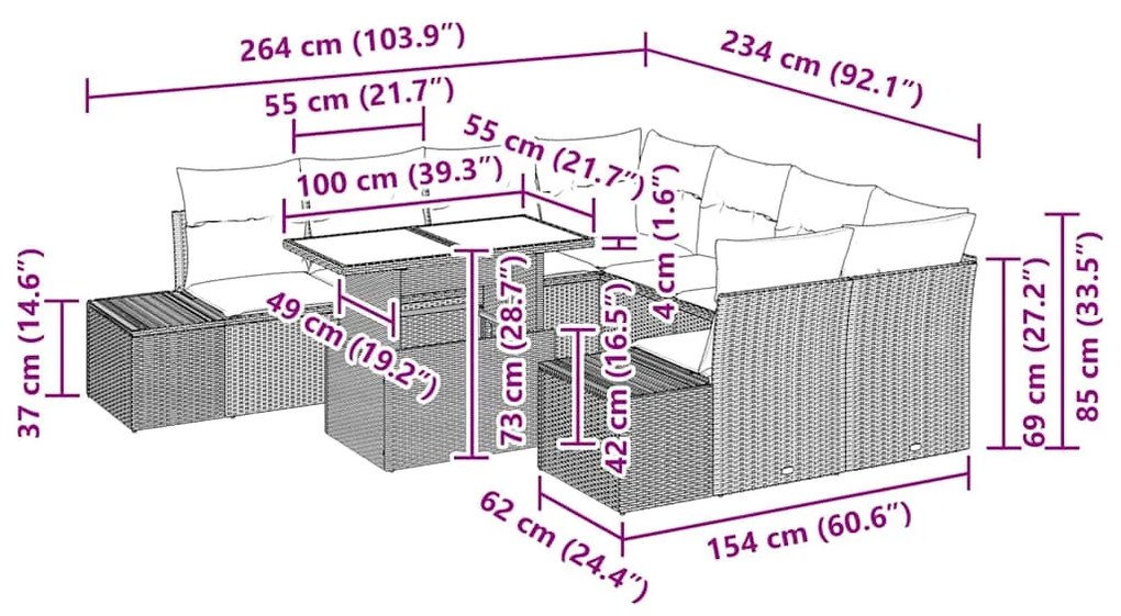 Conjunto de Sofá de Jardim de 9 Peças com Almofadas Marrons em Rattan