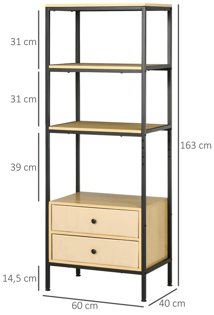 Estante de 4 Níveis com 2 Gavetas de Tecido não Tecido e Estrutura de Aço 60x40x163 cm Madeira e Preto