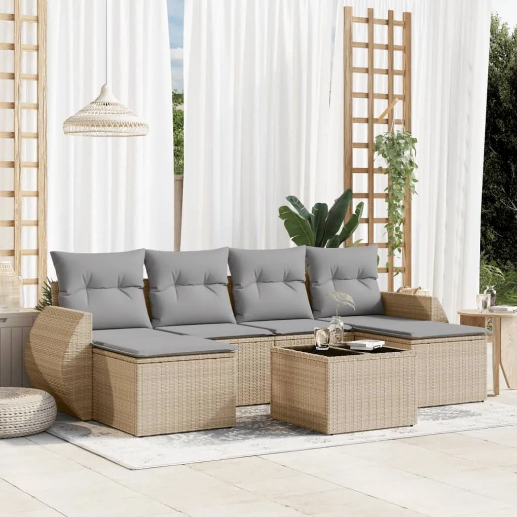 vidaXL 7 pcs conjunto de sofás p/ jardim com almofadões vime PE bege