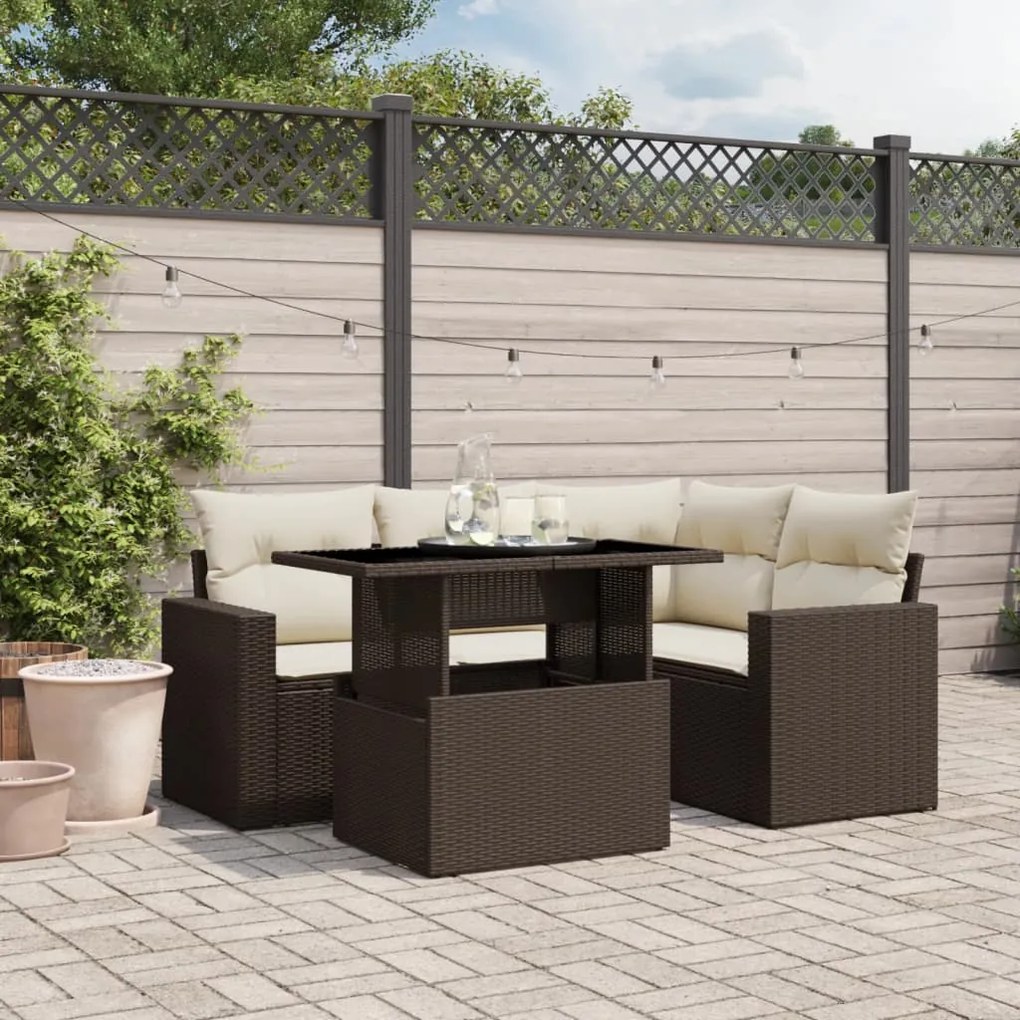 vidaXL 5 pcs conjunto sofás p/ jardim c/ almofadões vime PE castanho