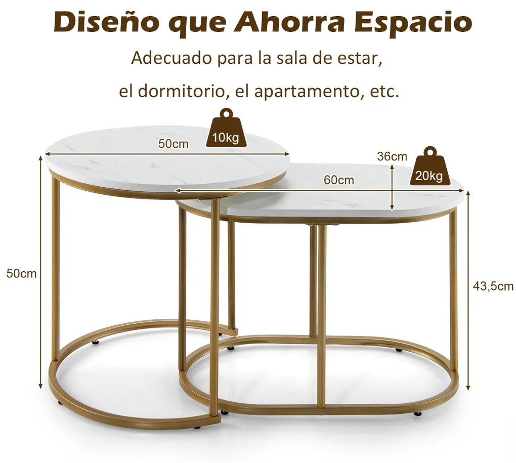 Conjunto de 2 Mesas de Café Modernas Mesas de Sofá Empilháveis para Sala de Estar Quarto  Mármore e Dourado