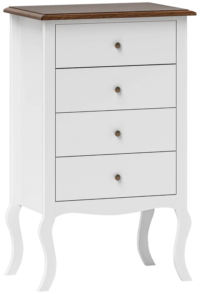 HOMCOM Cómoda com 4 Gavetas Cómoda para Dormitório Estilo Francês com Sistema Anti-Tombo 60x40x98,5 cm Branco e Madeira | Aosom Portugal