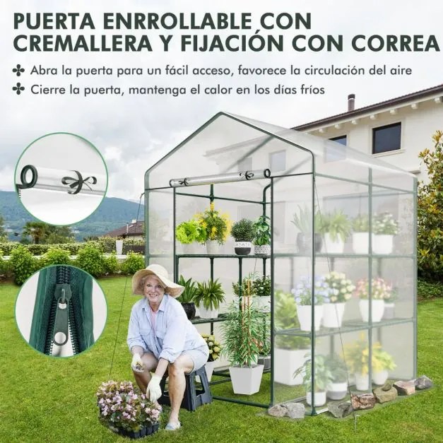 Estufa de jardim 139 x 144 x 195 cm com 8 prateleiras Cobertura em PVC Porta enrolável com fecho de correr Estrutura metálica transparente