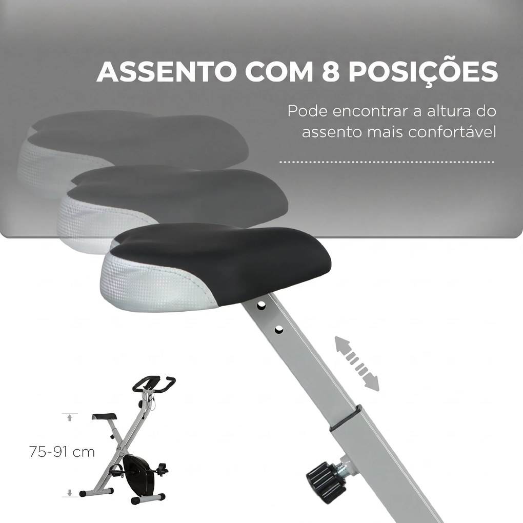 Bicicleta Estática Dobrável Silenciosa com 8 Níveis de Resistência Monitor LCD Assento Ajustável e Rodas Cinza