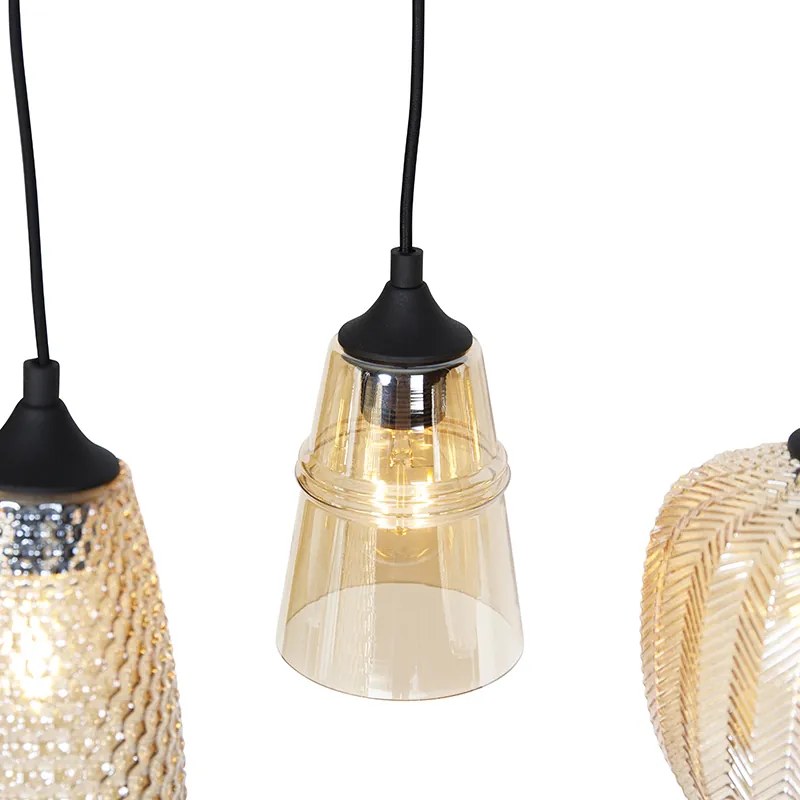 Candeeiro de suspensão Art Deco preto com vidro âmbar 8 luzes - Hanne Art Deco