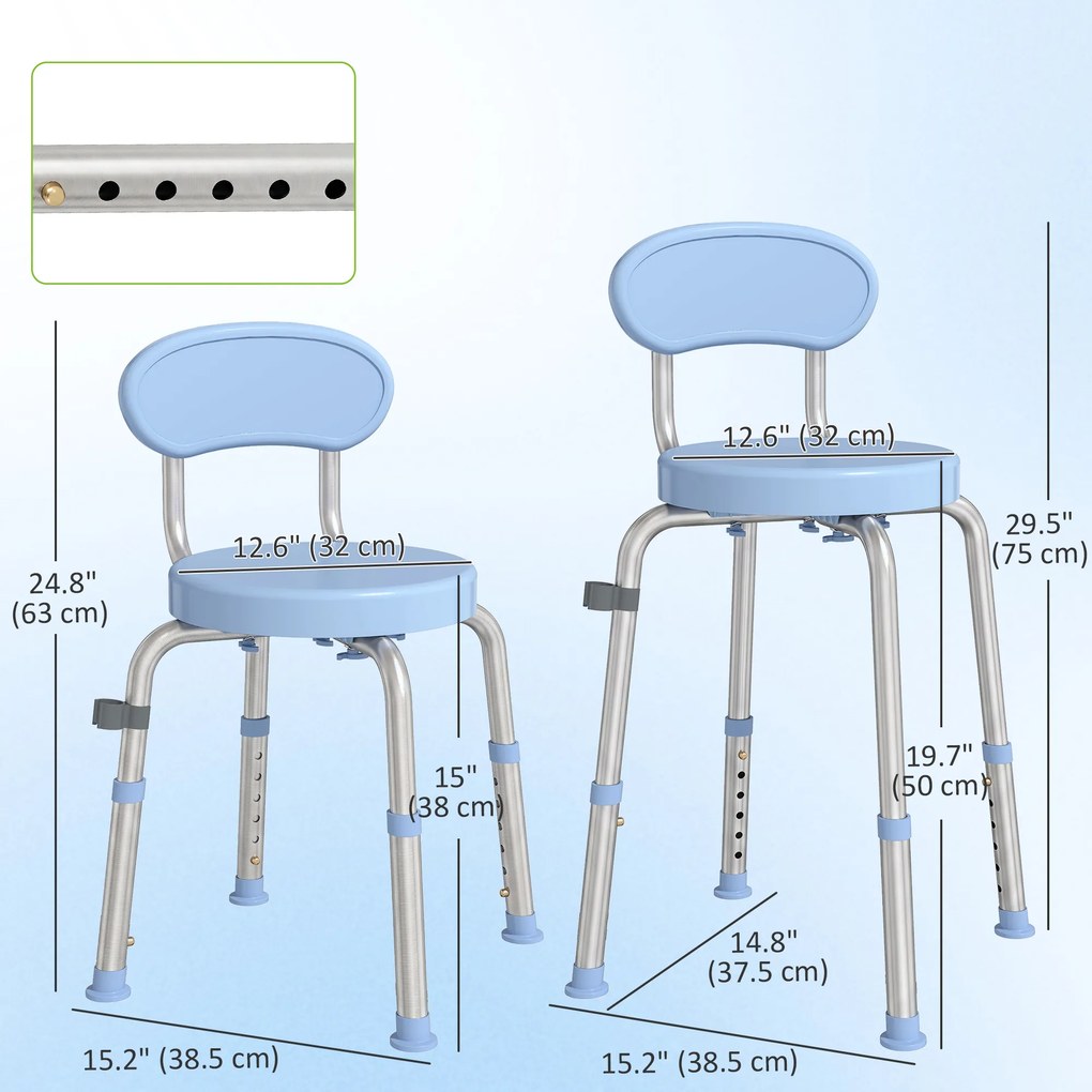 Banco de Duche Giratório, 38,5 x 37,5 x 75 cm, Altura Regulável em 5 Níveis, Azul