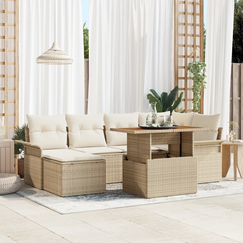 Conjunto de Sofá Jardim de 7 Peças com Almofadas Bege Rattan Poli