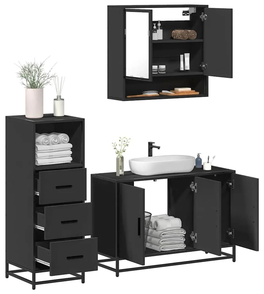 vidaXL 3 pcs conjunto móveis casa de banho derivados de madeira preto