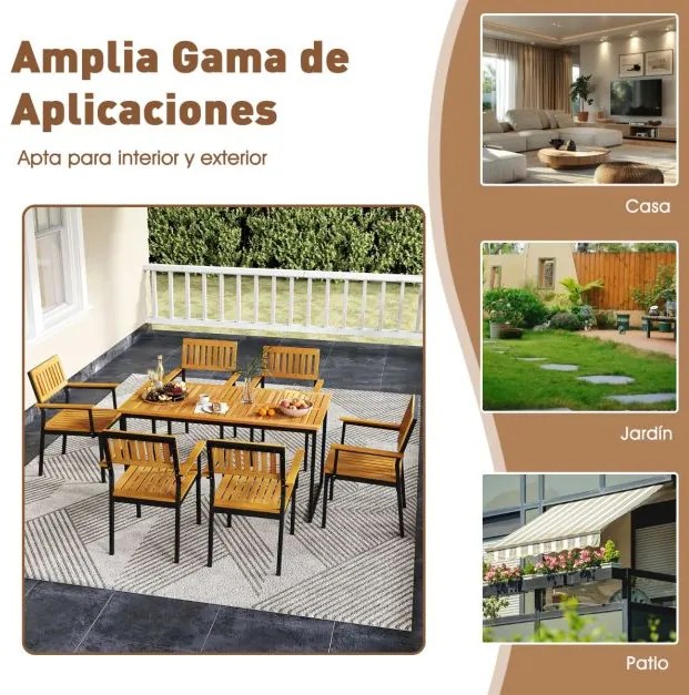Mesa de jardim em madeira de acácia retangular, 140 cm para 6 pessoas (CADEIRAS NÃO INCLUIDAS), estrutura em metal e buraco natural e preto