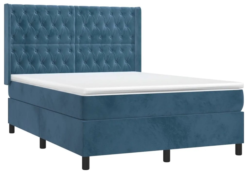 Cama box spring c/ colchão/LED 140x190 cm veludo azul-escuro