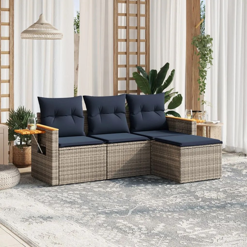 4 pcs conjunto sofás p/ jardim c/ almofadões vime PE cinzento