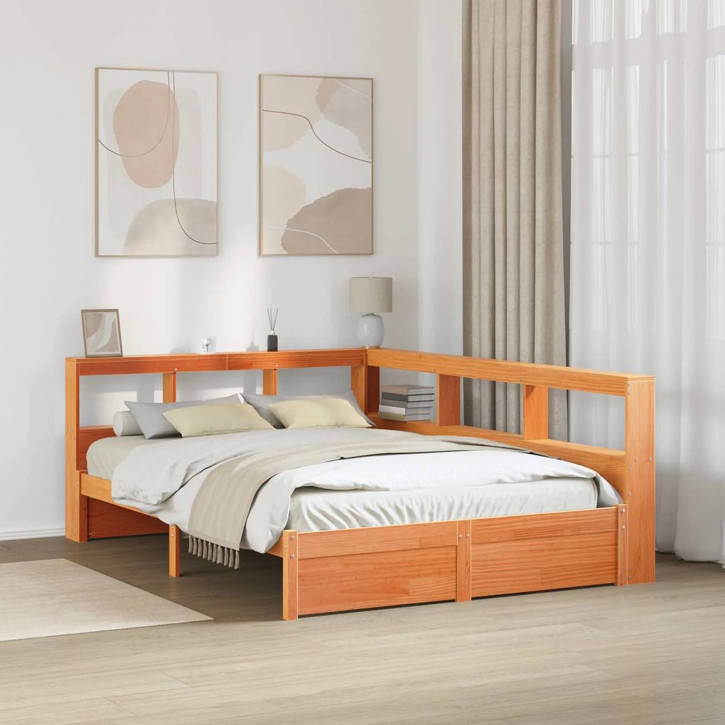 vidaXL Cama com Estante com cabeceira 2 pcs Marrom Cera 200 x 120 cm