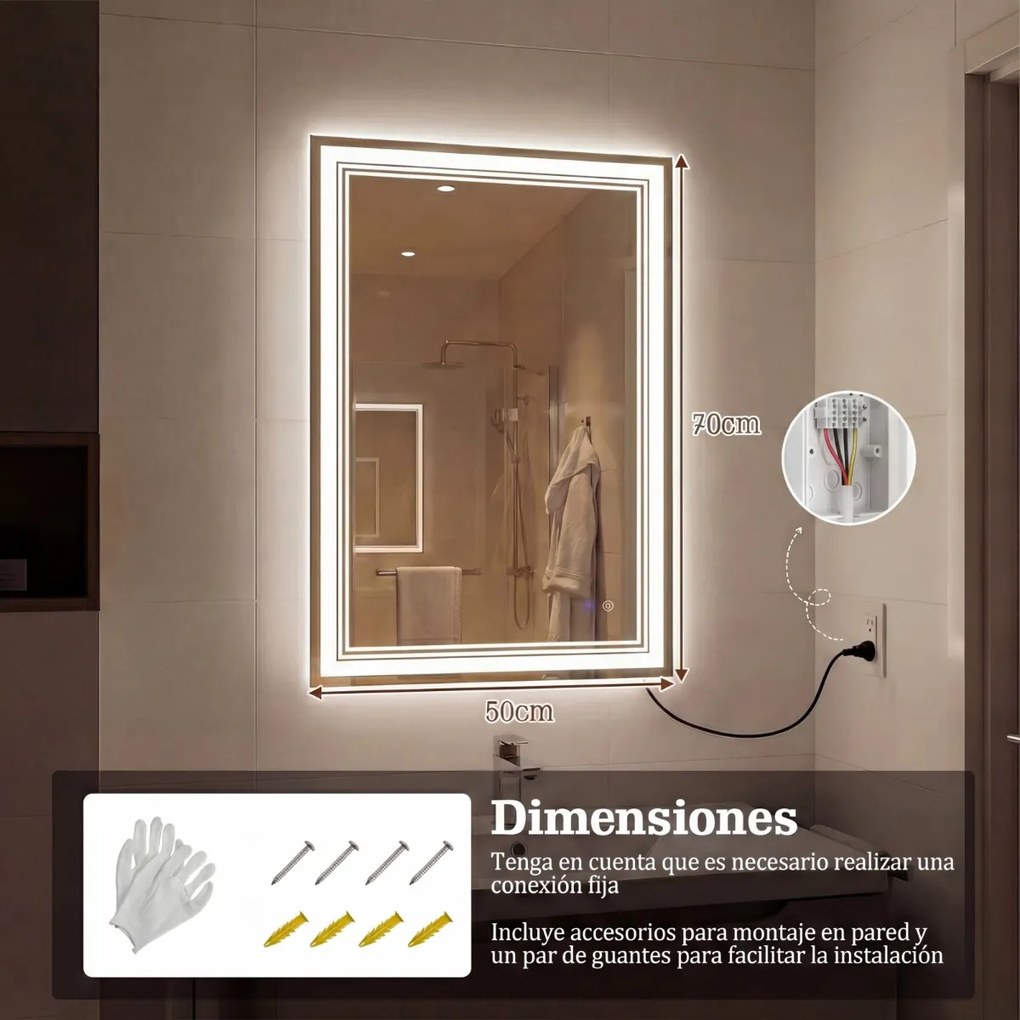 Espelho LED para casa de banho 70x50 cm antiembaciamento com memória, 3 luzes e controlo tátil prateado