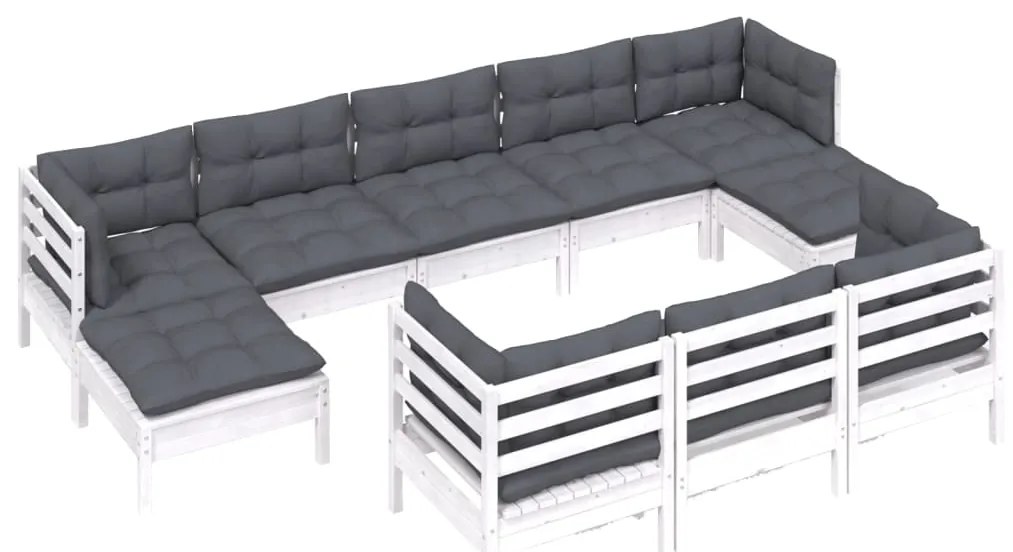 10 pcs conj. lounge de jardim c/ almofadões pinho maciço branco