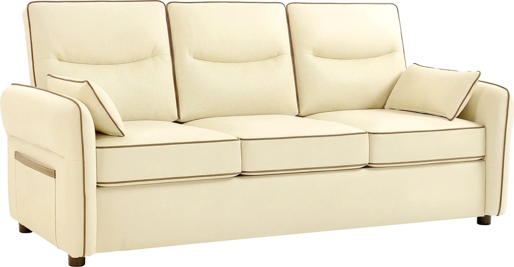 HOMCOM Sofá 3 Lugares Sofá de Sala Moderno Estofado em Couro Sintético com Bolso Lateral e 2 Almofadas 190x85x80 cm Bege | Aosom Portugal