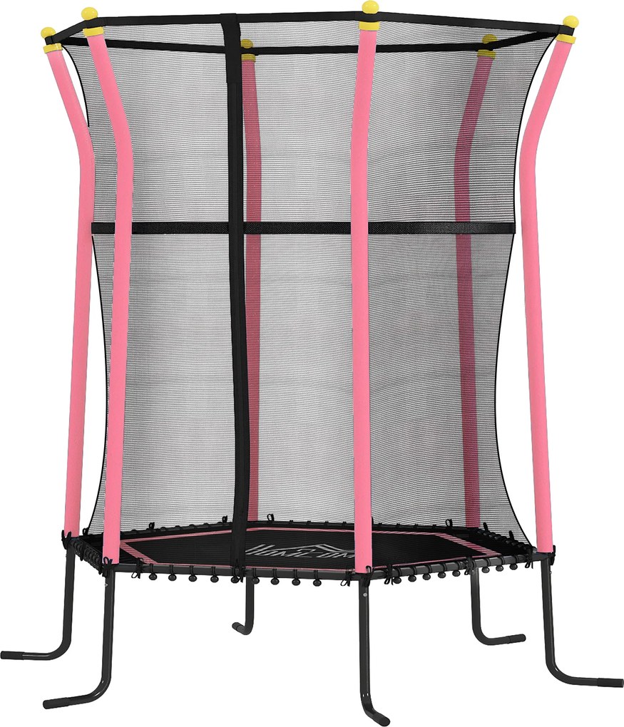 Cama elástica para crianças Ø 1,63 x 1,9 m com rede de segurança, porta com fecho de correr e 6 postes almofadados incluídos, rosa e preto