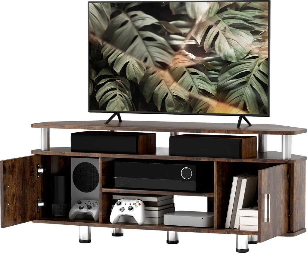 Móvel de TV 120 x 39,5 x 52 cm para televisores até 55 polegadas, com prateleira ampla, armários com portas e compartimento aberto, castanho