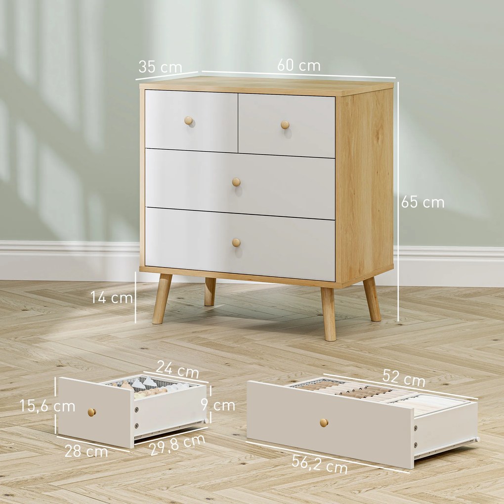 Comoda de 4 Gavetas com Puxadores de Madeira Cómoda Estreita para Sala Corredor 60x35x65 cm Madeira e Branco