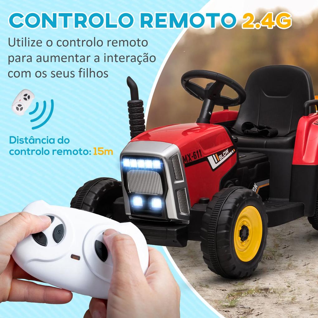 Trator Elétrico com Reboque Amovível com Controlo Remoto Música MP3 Luzes e Cinto de Segurança 136,5x50x52,5 cm Vermelho