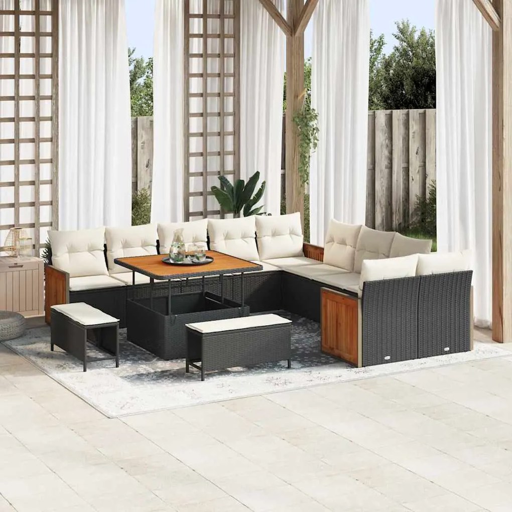 vidaXL Conjunto de sofá de jardim com 13 peças, almofadas em rattan preto e madeira de acácia.