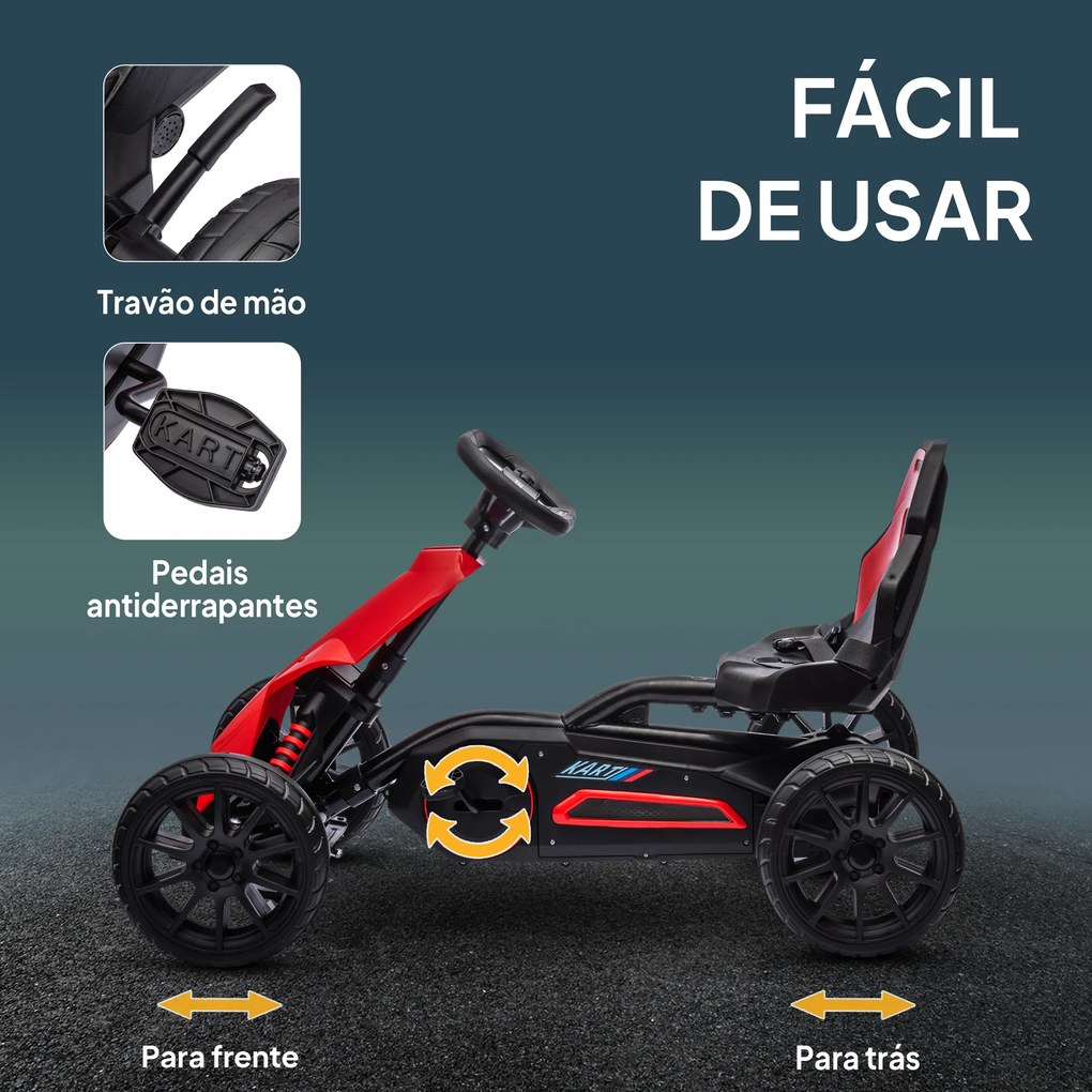 Kart a Pedais para Crianças com Assento Ajustável em 4 Posições, Travão de Mão e Rodas de EVA 100x58x58,5 cm Vermelho