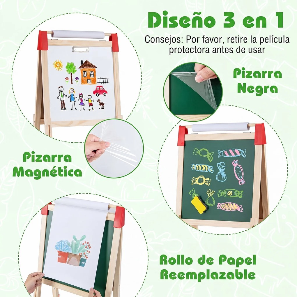 Cavalete Infantil de Madeira, 44 x 40 x 102-126 cm, Altura Regulável, Verde