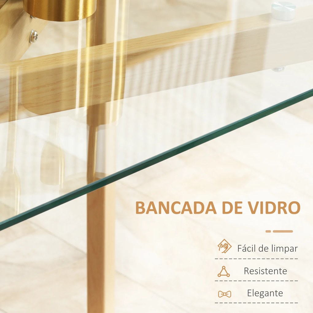 HOMCOM Mesa de Jantar para 4 Pessoas Mesa de Cozinha Moderna com Bancada de Vidro Temperado e Pés de Aço com Efeito de Madeira para Sala de Jantar 120x60x76cm Transparente e Madeira