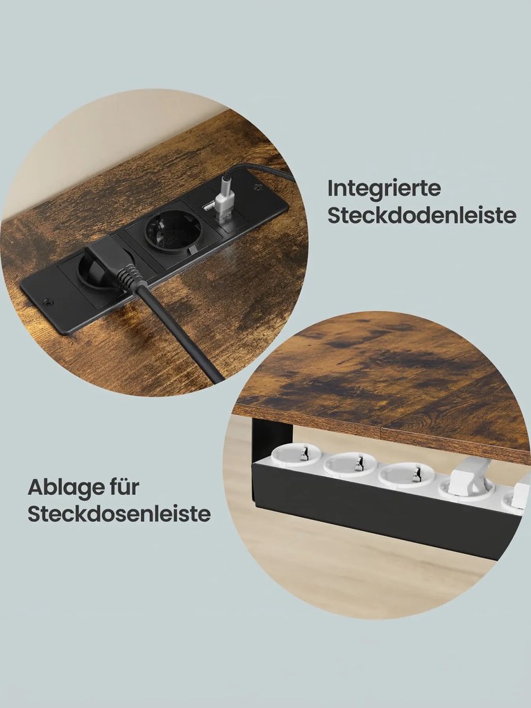 Secretária de canto com regulação elétrica da altura e estação de carregamento 160 x 140 x (72–120) cm castanho-preto