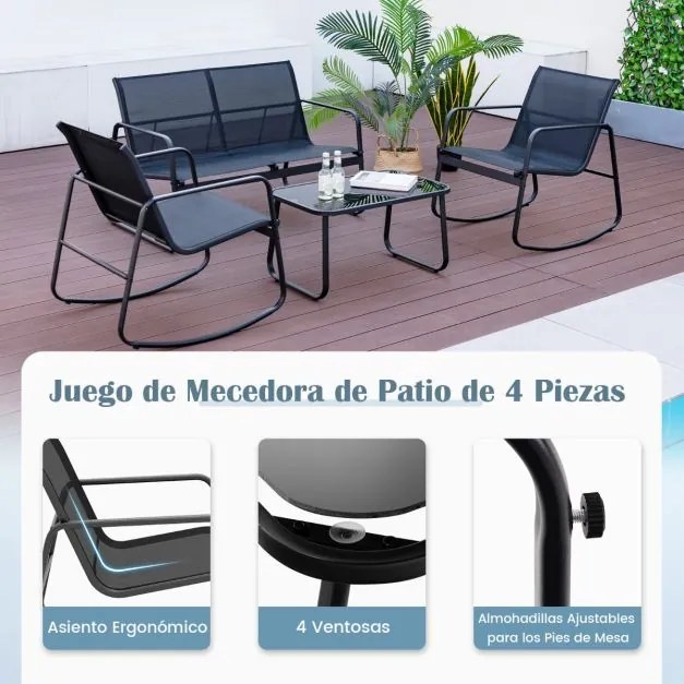 Conjunto de cadeiras de baloiço de jardim de 4 peças, com 2 cadeiras de baloiço Sofá de 2 lugares e mesa com tampo de vidro Preto