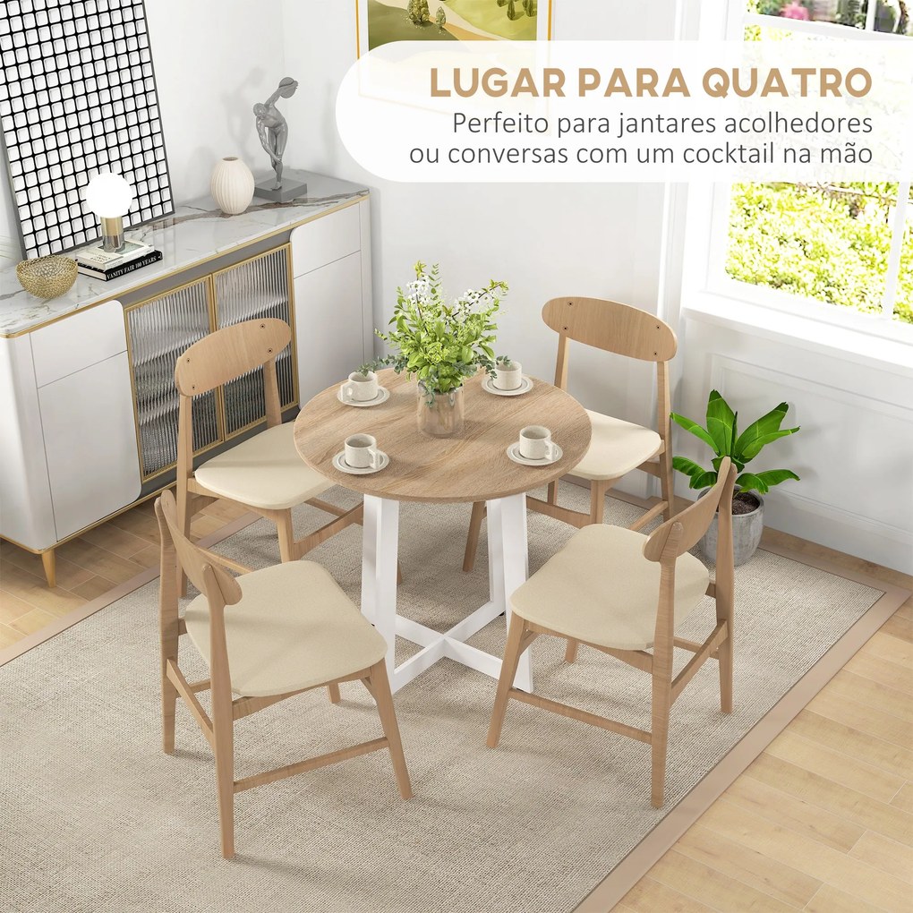 Mesa de Cozinha Redonda para 4 Pessoas Moderna com Tampo de Madeira e Base de Aço Cruzada Ø80x75 cm Carvalho