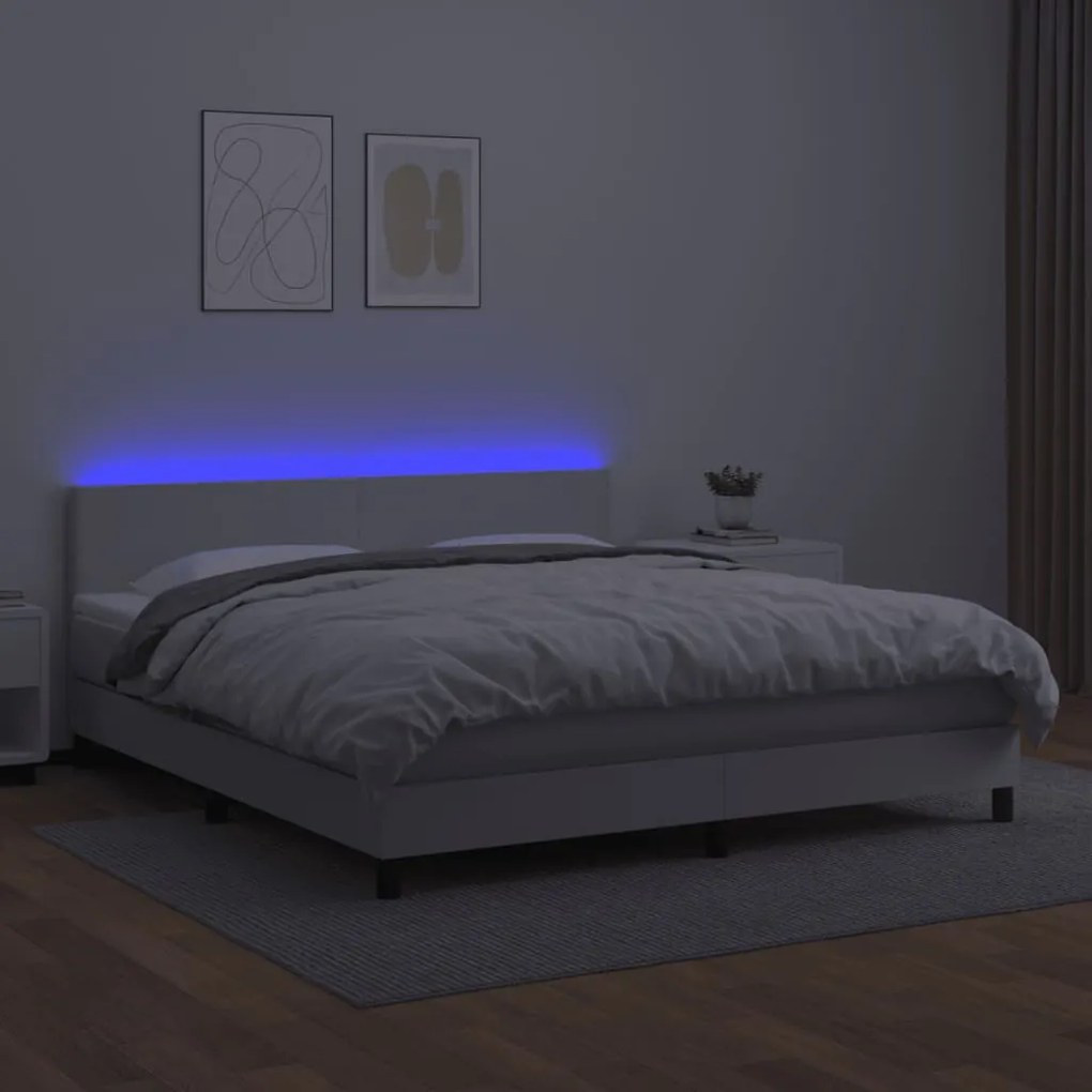 Cama box spring c/colchão/LED 180x200cm couro artificial branco