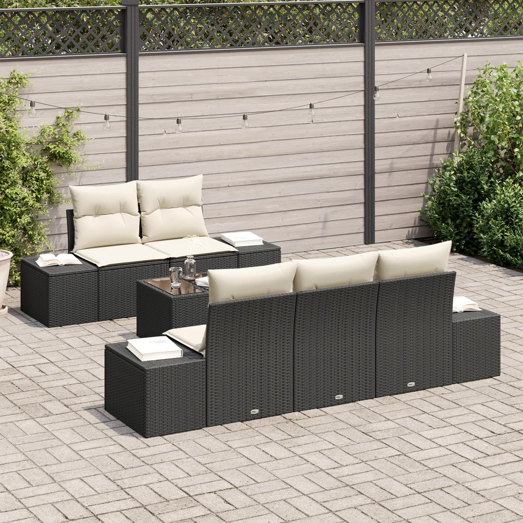 Conjunto de Sofá para Jardim de 6 Peças com Almofadas Preto Vime PE