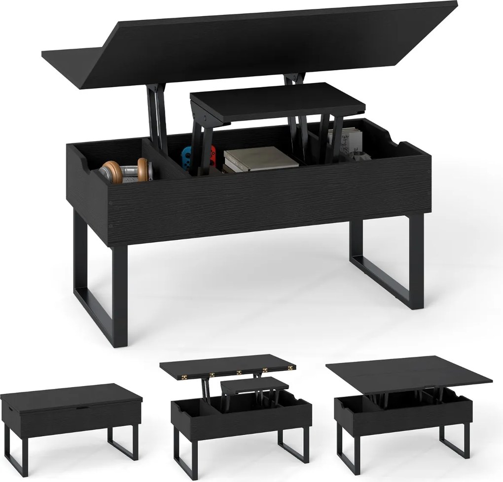 Mesa de centro conversível 3 em 1 com tampo elevável 100 x 50 x 49 cm e 3 compartimentos ocultos de madeira para sala de estar Preta