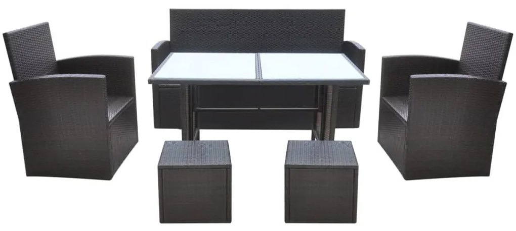 6 pcs conjunto jantar exterior com almofadões vime PE castanho
