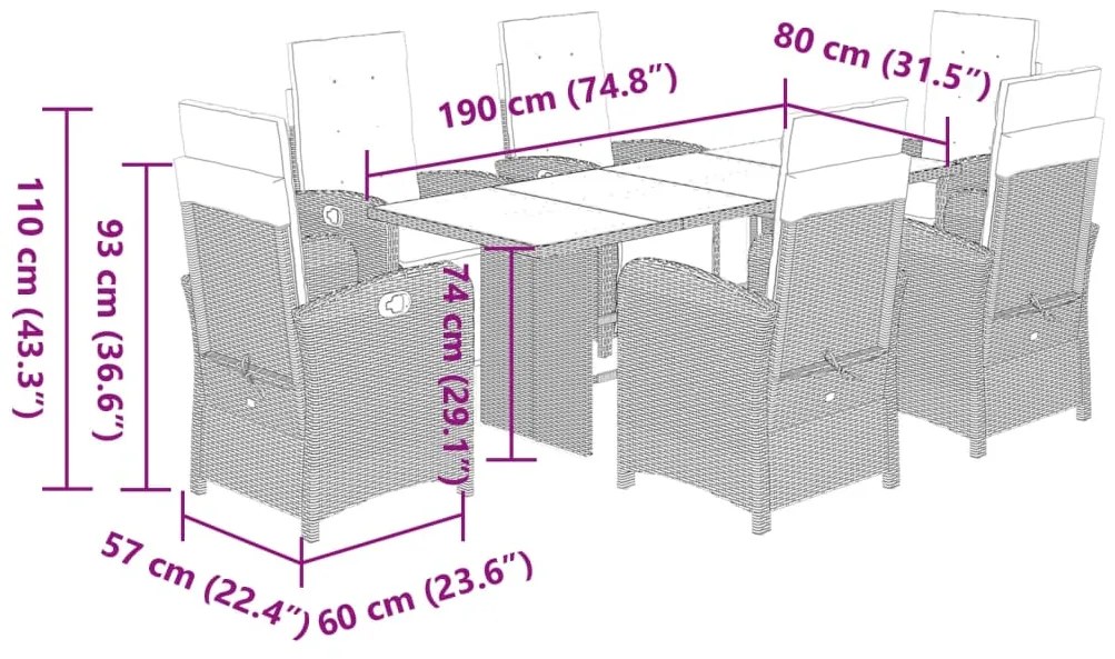 7 pcs conjunto de jantar p/ jardim c/ almofadões vime PE cinza