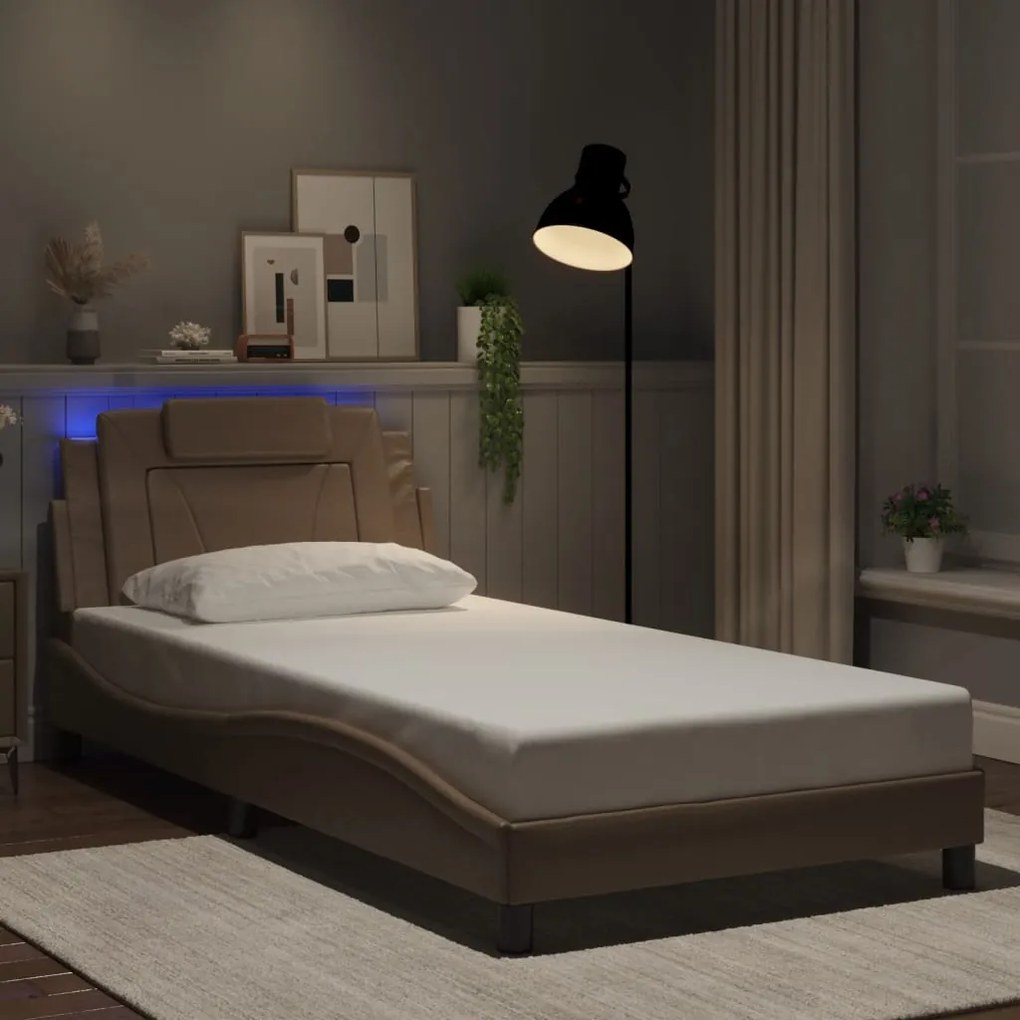 Estrutura cama c/ luzes LED 100x200 cm couro artif. cappuccino