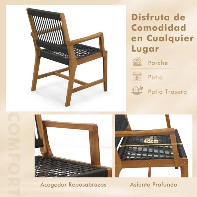 Conjunto de 2 cadeiras de jantar de jardim em madeira de acácia com corda resistente às intempéries e apoios de braços 64 x 57 x 90 cm Natural