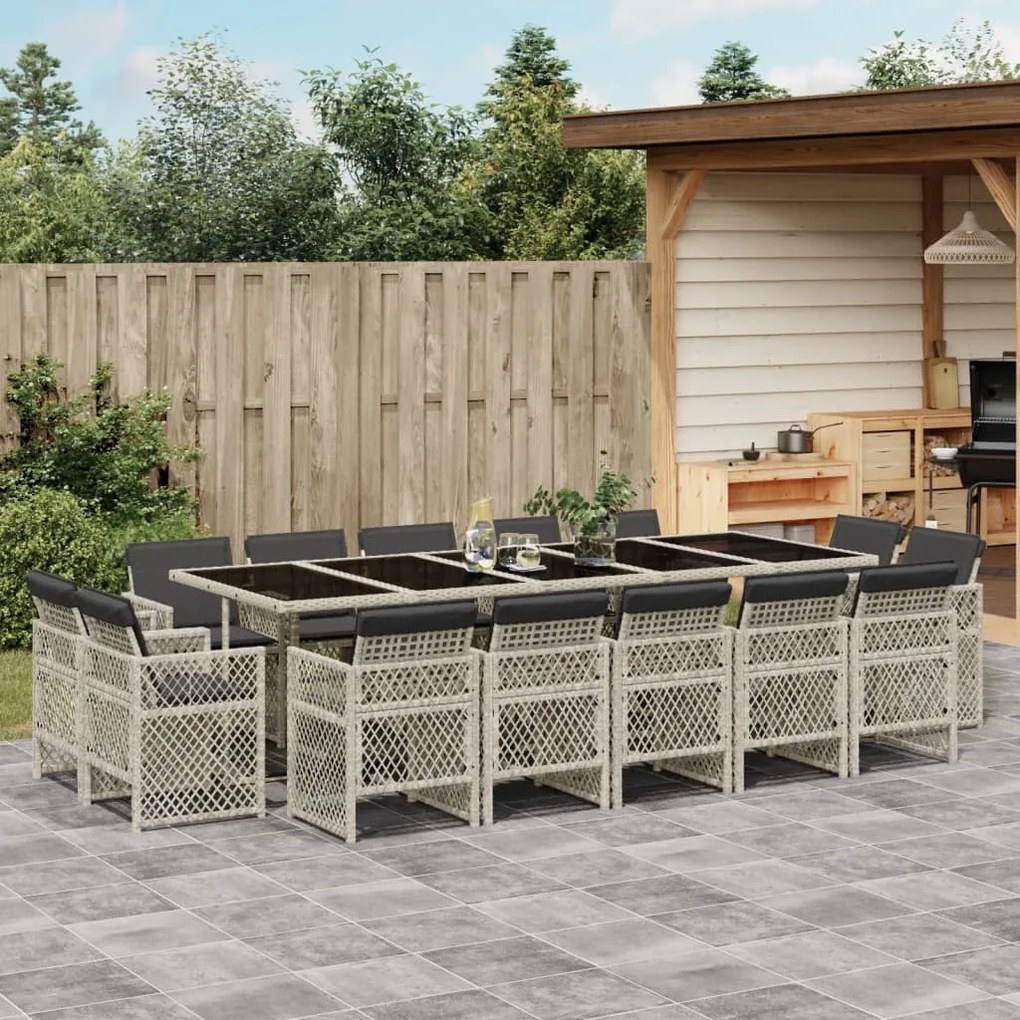 vidaXL 15 pcs conj. jantar jardim c/ almofadões vime PE cinzento-claro